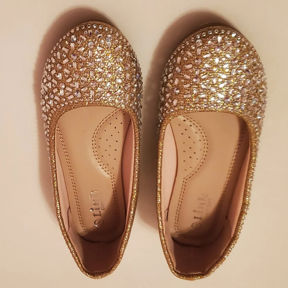 Girl's 2 Link Comfort Gold w/ Rhinestones Ballet Flat